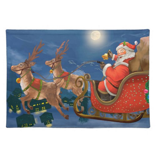 Reindeer Pulling Santa Claus Sleigh  Christmas Cloth Placemat