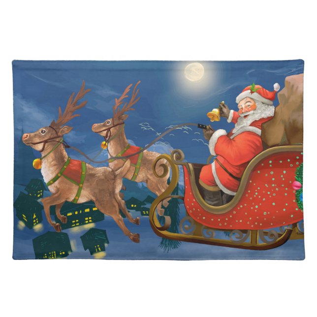 Reindeer Pulling Santa Claus Sleigh | Christmas Cloth Placemat (Front)