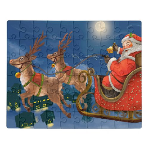 Reindeer Pulling Santa Claus Sleigh  Christmas Jigsaw Puzzle