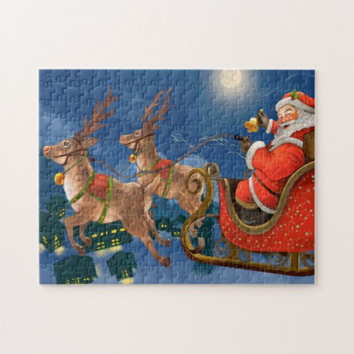 Reindeer Pulling Santa Claus Sleigh  Christmas Jigsaw Puzzle