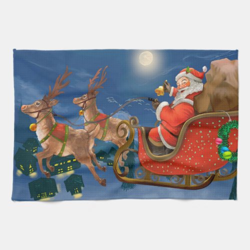 Reindeer Pulling Santa Claus Sleigh  Christmas Kitchen Towel