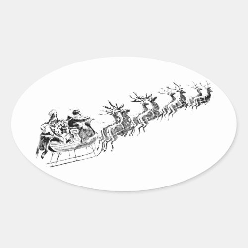 Reindeer Pulling Santas Sleigh Oval Sticker