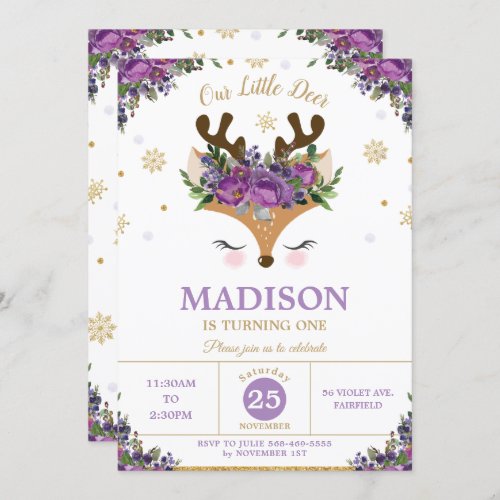 Reindeer Purple Floral Snowflakes Birthday Party Invitation