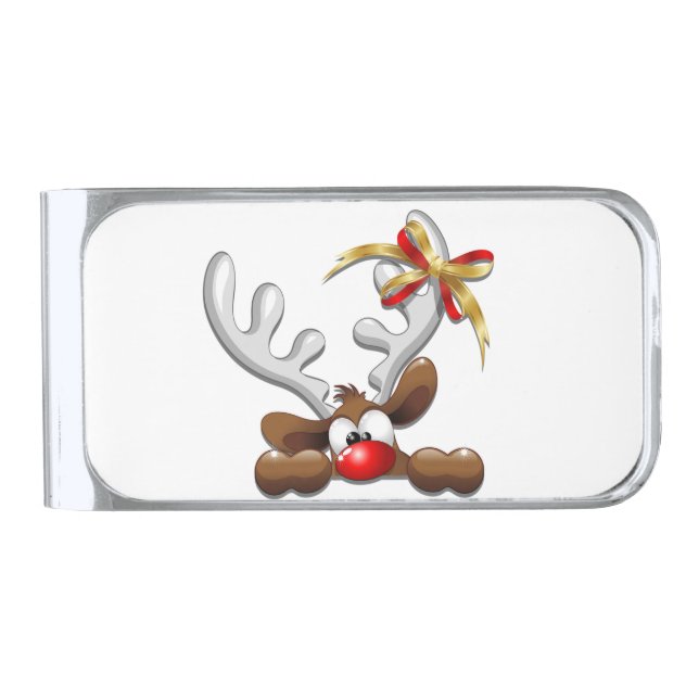 Reindeer Puzzled Funny Christmas Character Silver Finish Money Clip (Front)