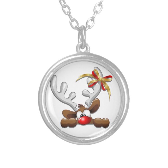 Reindeer Puzzled Funny Christmas Character Silver Plated Necklace (Front)