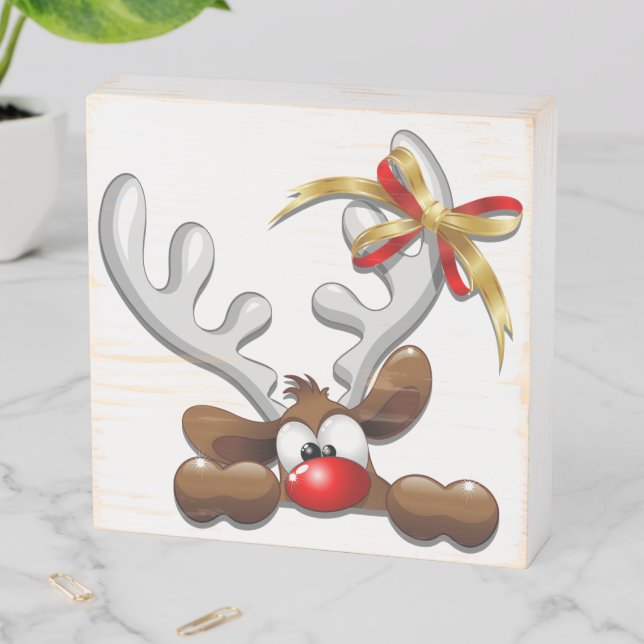 Reindeer Puzzled Funny Christmas Character Wooden Box Sign (In Situ Horizontal)