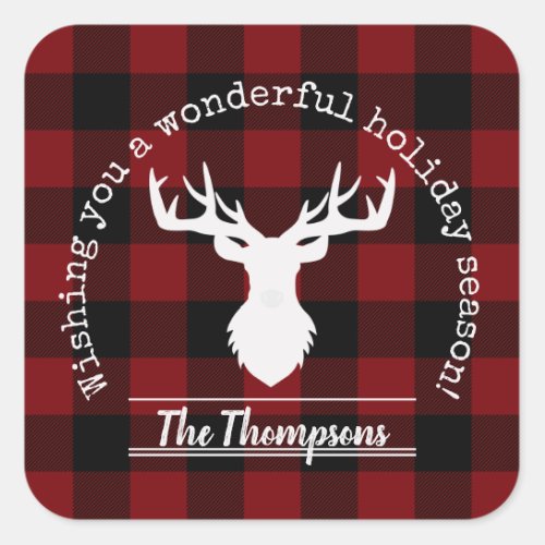 Reindeer Red and Black Buffalo Plaid Christmas Square Sticker