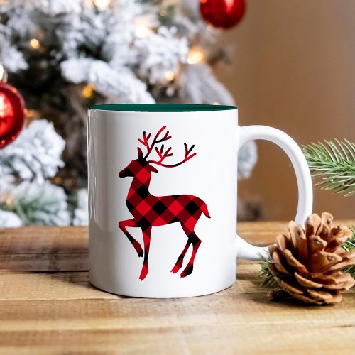 Reindeer Red and Black Buffalo Plaid Christmas Two_Tone Coffee Mug