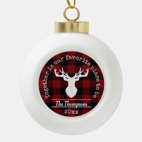 Reindeer Red and Black Buffalo Plaid Farmhouse Ceramic Ball Christmas Ornament