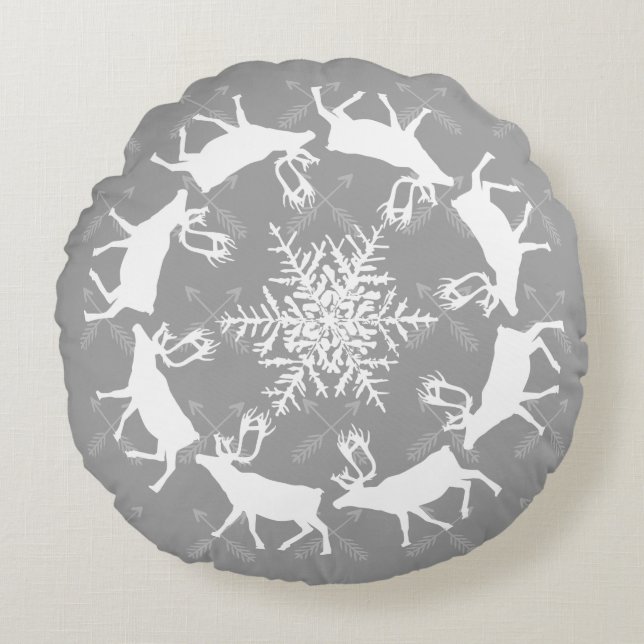 Reindeer Red and Gray Crossed Arrows Round Pillow (Front)