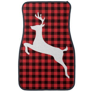 Reindeer Red & Black Tartan Pattern Buffalo Plaid Car Floor Mat