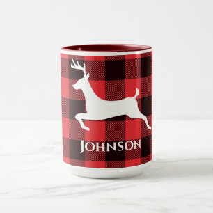 Reindeer Red & Black Tartan Pattern Buffalo Plaid Mug