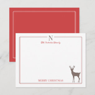 Reindeer Red Brown Monogram Christmas Stationery Note Card