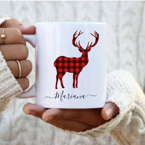 Reindeer Red Buffalo Plaid Personalized Christmas Coffee Mug