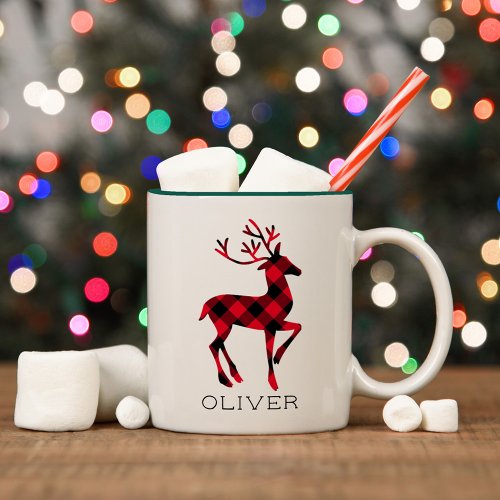 Reindeer Red Buffalo Plaid Personalized Christmas Two_Tone Coffee Mug