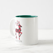 Reindeer Red Buffalo Plaid Personalized Christmas Two-Tone Coffee Mug (Front Left)