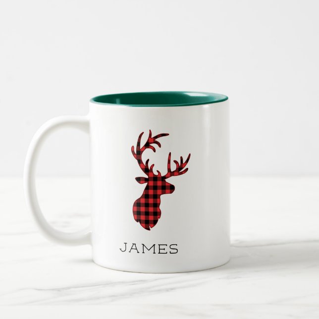 Reindeer Red Buffalo Plaid Personalized Christmas Two-Tone Coffee Mug (Left)