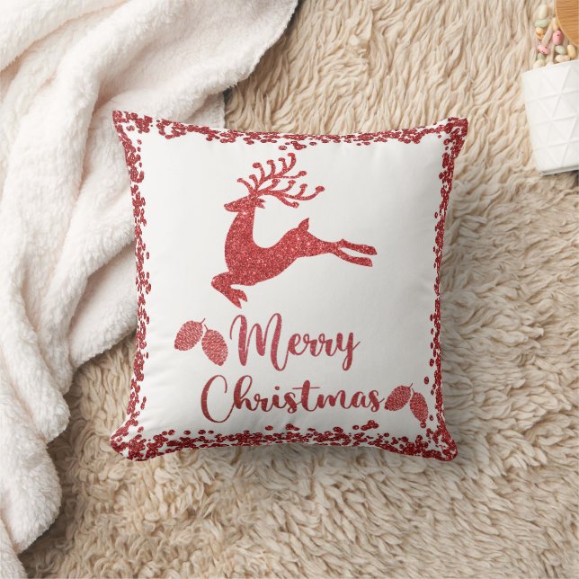 Reindeer red glitter- merry christmas throw pillow (Blanket)