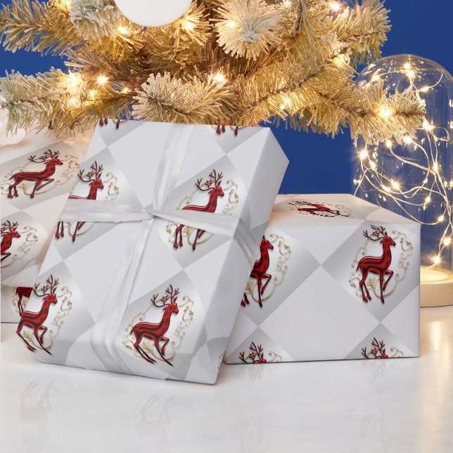 Reindeer red gold floral silver faux pattern wrapping paper (Holidays)