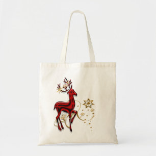 Reindeer red gold snowflake tote bag