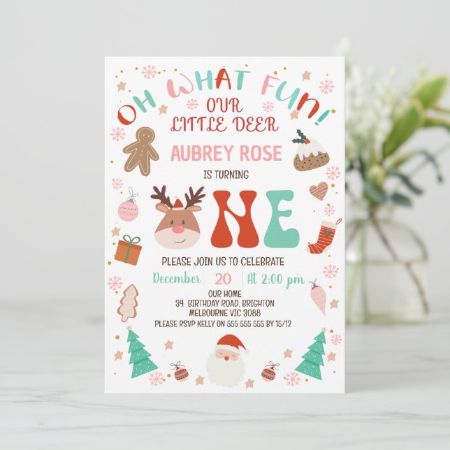 Reindeer Red Oh What Fun Christmas 1st Birthday Invitation (Standing Front)