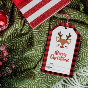 Reindeer Red Plaid Merry Christmas To From Gift Tags