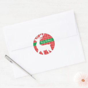 Reindeer Red Plaid Twill Pattern Merry Christmas Classic Round Sticker
