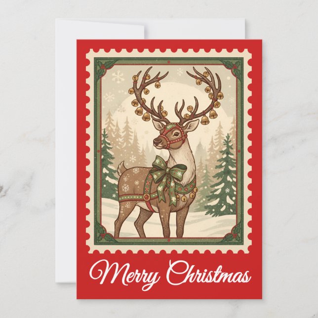 Reindeer | Retro Postage Stamp Christmas Card (Front)