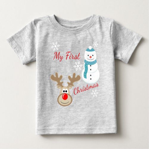 Reindeer Rudolph Snowman Baby 1st Christmas Baby T_Shirt