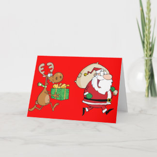 Reindeer running with Santa delivering gifts Holiday Card