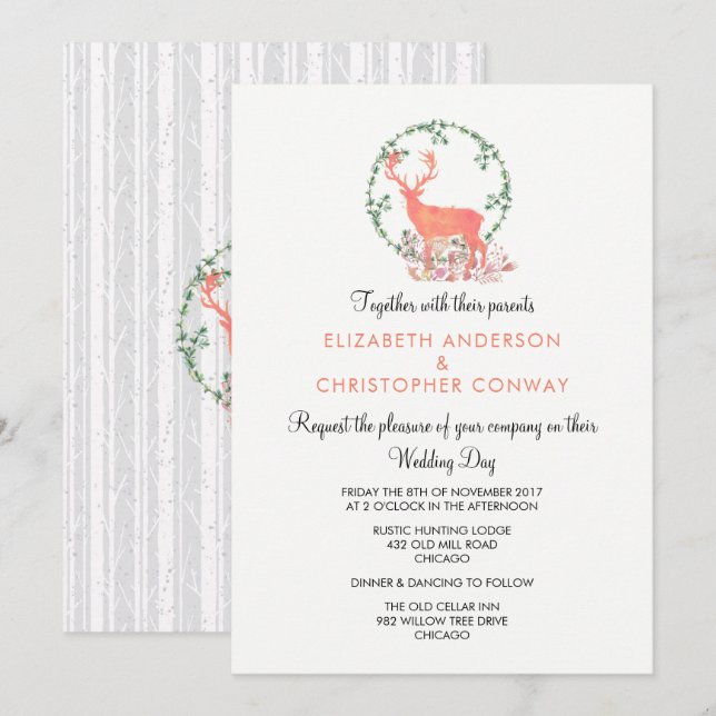 Reindeer Rustic Botanical Watercolor Wedding Invitation (Front/Back)