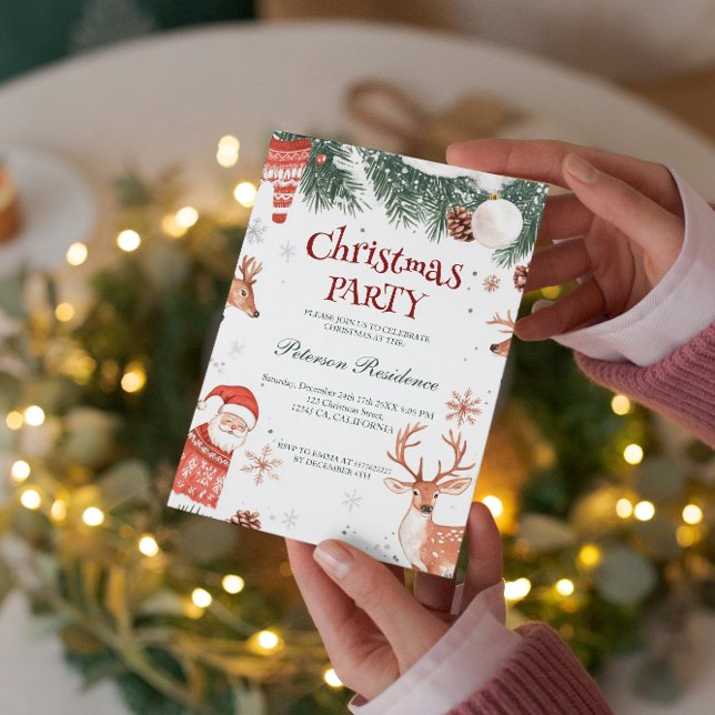 Reindeer Santa And Ornaments Christmas Party Invitation (Creator Uploaded)