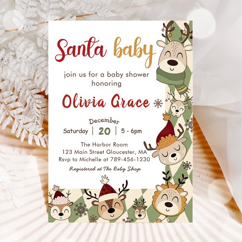 Reindeer Santa Baby Christmas Baby Shower  Invitation