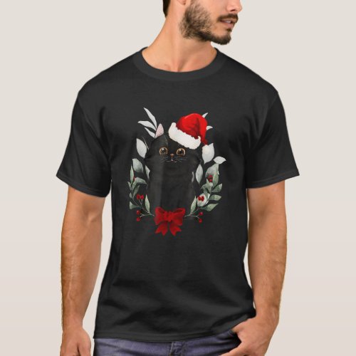 Reindeer Santa Hat Black Cat Christmas Lights Cute T_Shirt