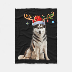 Reindeer Santa Hat Christmas Pajamas Husky Dog Xma Fleece Blanket