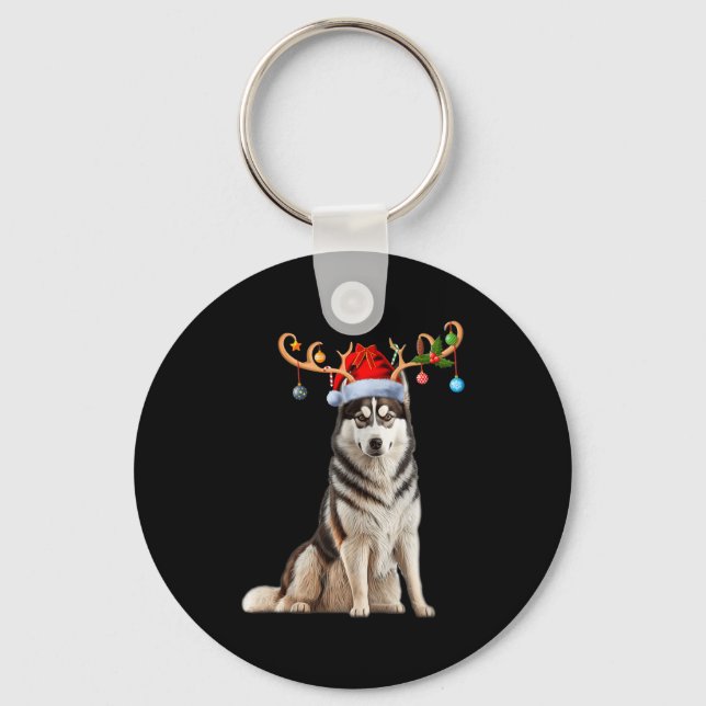 Reindeer Santa Hat Christmas Pajamas Husky Dog Xma Keychain (Front)