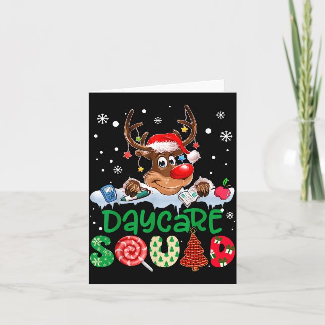 Reindeer Santa Hat Daycare Squad Teacher Christmas Card (Front)