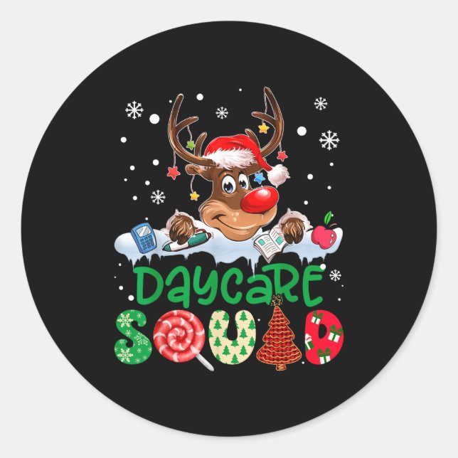 Reindeer Santa Hat Daycare Squad Teacher Christmas Classic Round Sticker (Front)