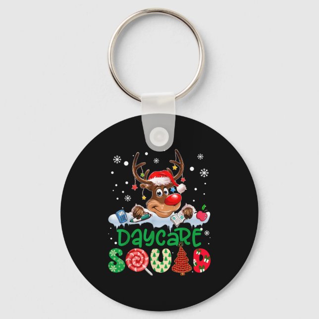 Reindeer Santa Hat Daycare Squad Teacher Christmas Keychain (Front)