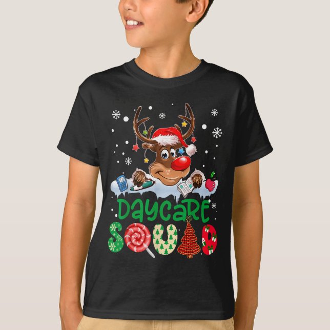 Reindeer Santa Hat Daycare Squad Teacher Christmas T-Shirt (Front)