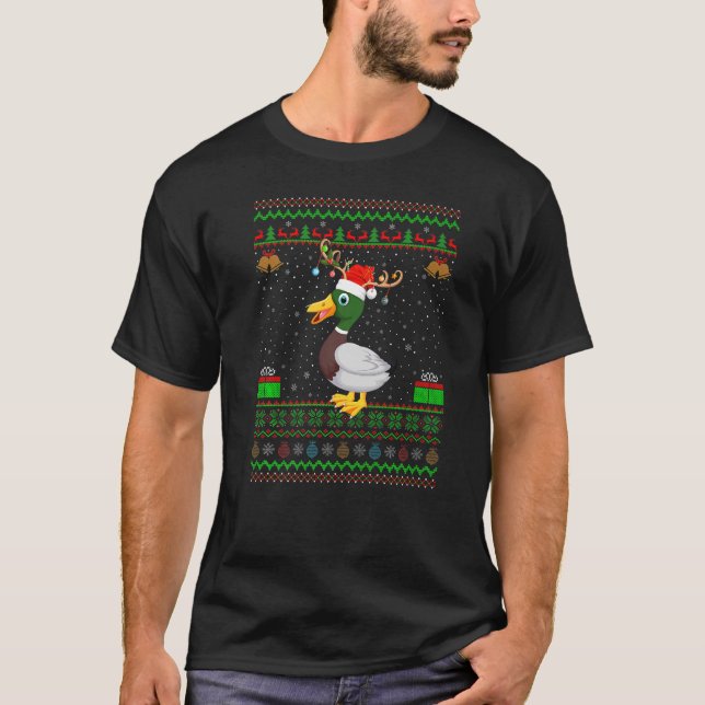 Reindeer Santa Hat Matching Ugly Duck Christmas T-Shirt (Front)