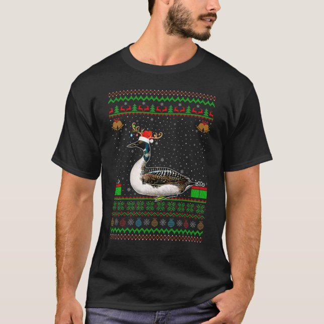 Reindeer Santa Hat Matching Ugly Loon Bird Christm T-Shirt (Front)