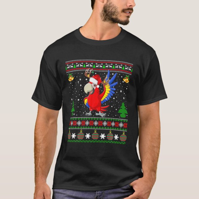 Reindeer Santa Hat Matching Ugly Macaw Bird Christ T-Shirt (Front)