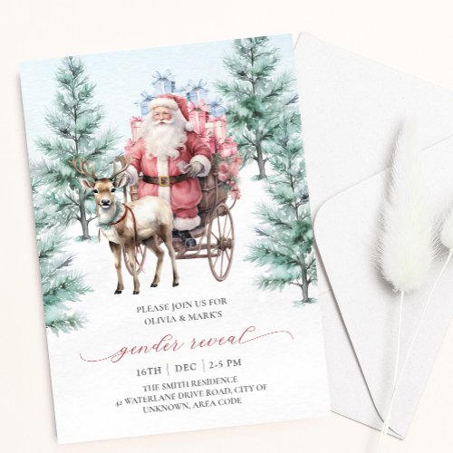 Reindeer Santa Sleigh Christmas Gender Reveal Invitation