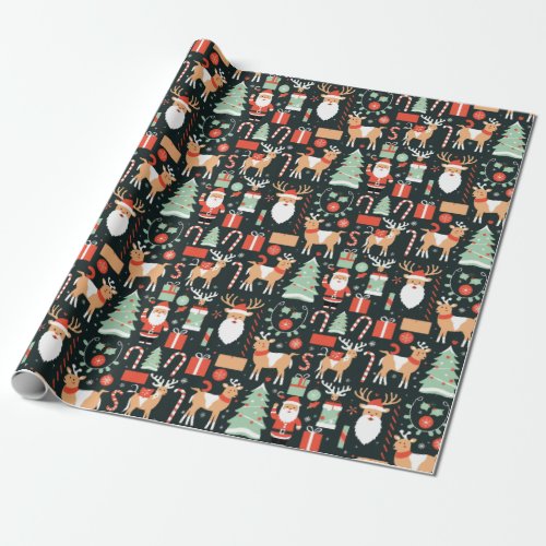 Reindeer Santa Tree Pattern Christmas Black Wrapping Paper