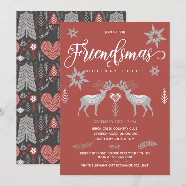 Reindeer Scandinavian Friendsmas Party Invitation (Front/Back)