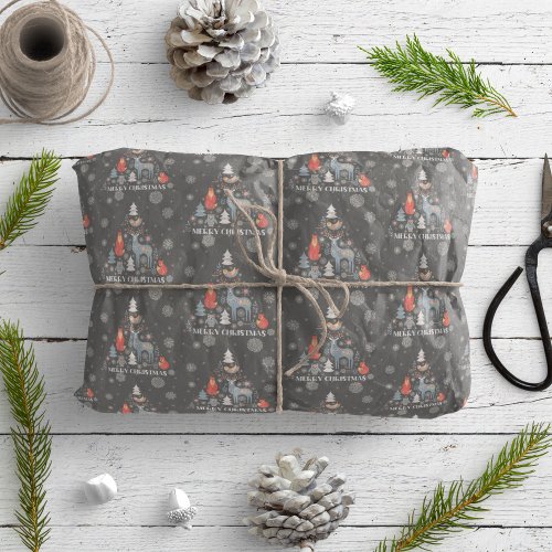 Reindeer Scandinavian Snowflake Tree Animal Gray Wrapping Paper