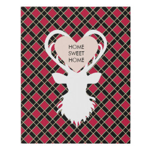 Reindeer Silhouette & Heart on Checkered Faux Canvas Print