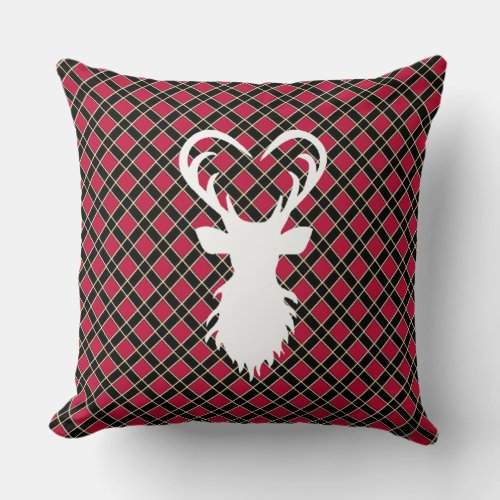 Reindeer silhouette on black  red checkered throw pillow