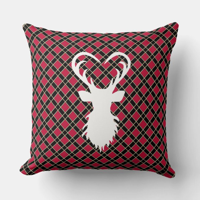 Reindeer silhouette on black & red checkered throw pillow (Front)
